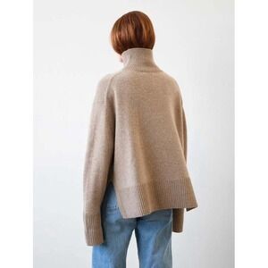 White + Warren Fawn Heather Cashmere Blend Rib Trim Stand Collar Size S
